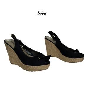 Soda Black Tie Bow Canvas Slingback Espadrille Wedges Sandals Size 8